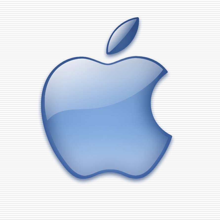 Apple logo with a blue glass effect, representing innovation and technology.