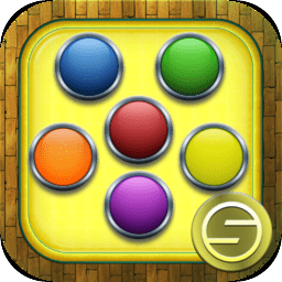 Colorful mobile game buttons with vibrant colors and digital interface elements.