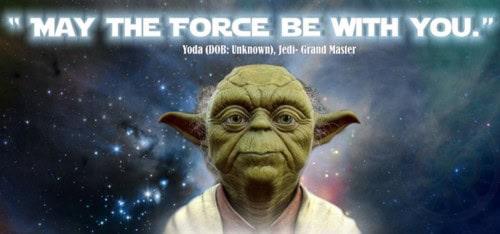 Yoda from Star Wars with cosmic background, inspiring quote about strength and perseverance.